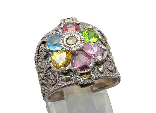 925 Silver  Vintage Topaz Amethyst Peridot & Marcasite Band Ring Sz 6  RG22274