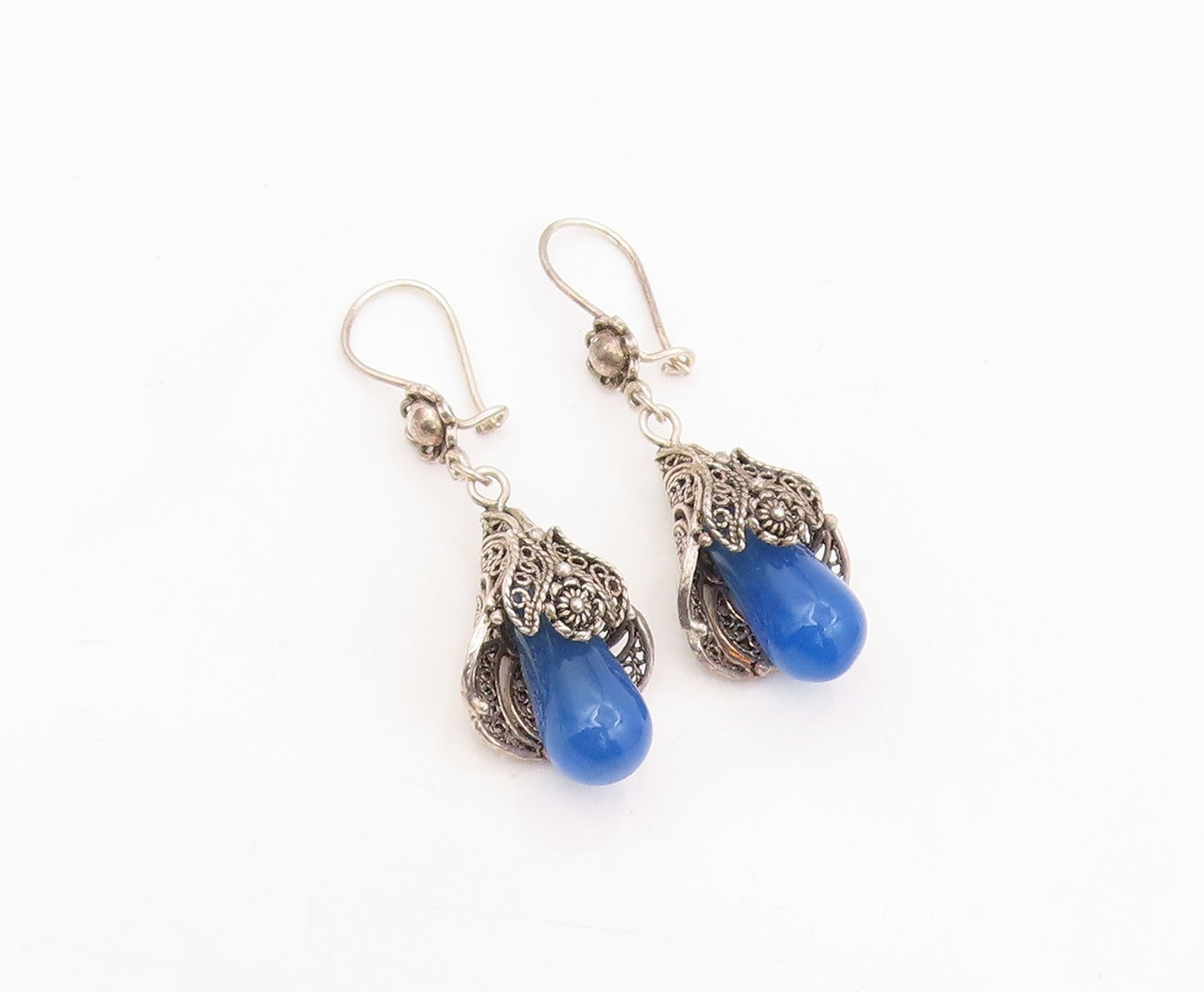 925 Sterling Silver Vintage Earrings Blue Beaded Bohemian Floral Dangle  EG13909