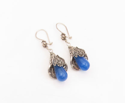 925 Sterling Silver Vintage Earrings Blue Beaded Bohemian Floral Dangle  EG13909