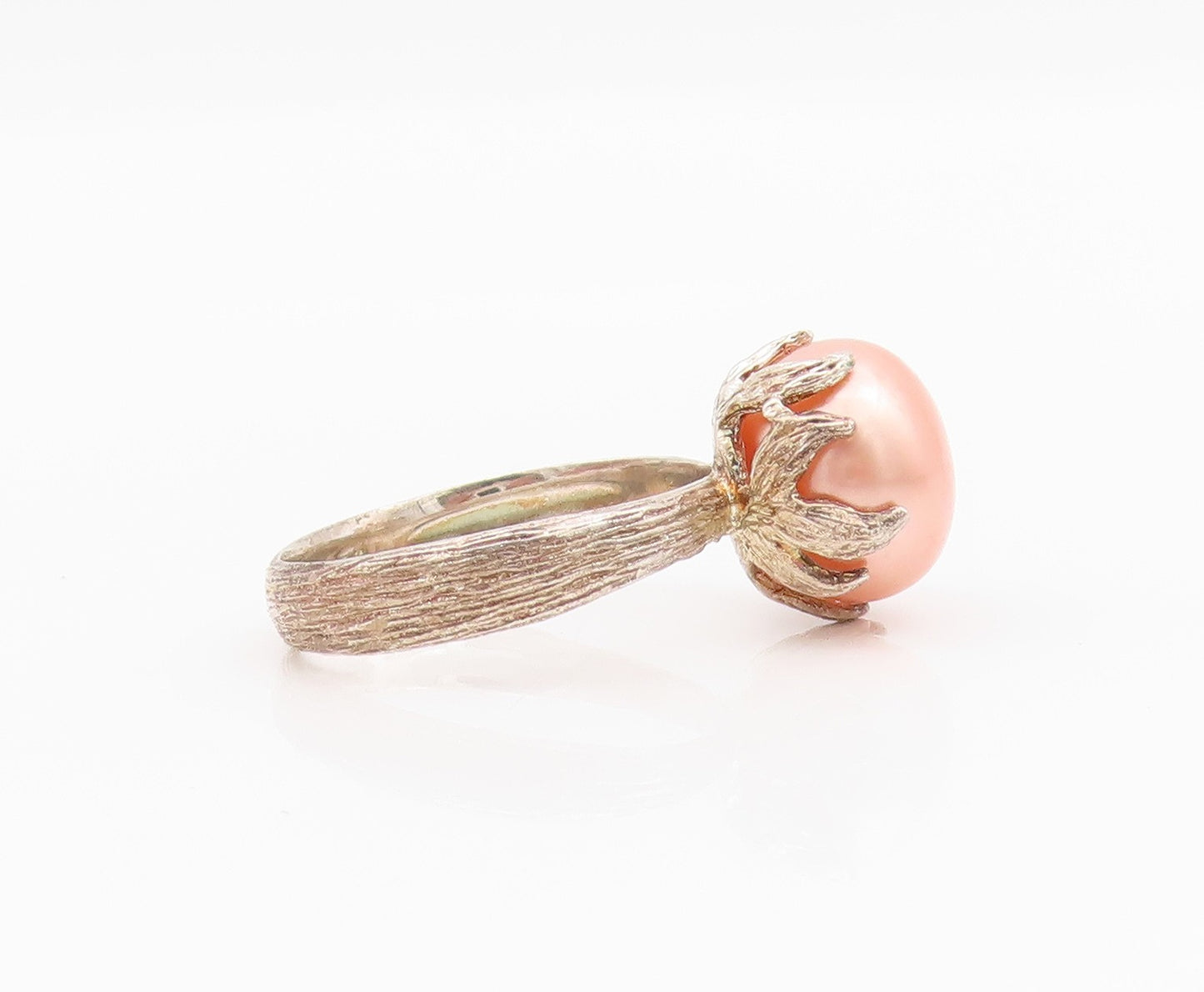925 Sterling Silver Vintage Ring Modernist Pink Pearl Grooved Band Sz 10 RG33038