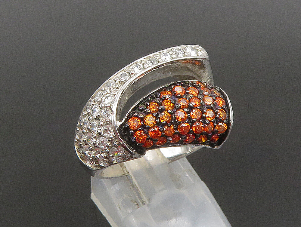 925 Silver  Vintage Bold White & Orange Cubic Zirconia Ring Sz 8  RG25303