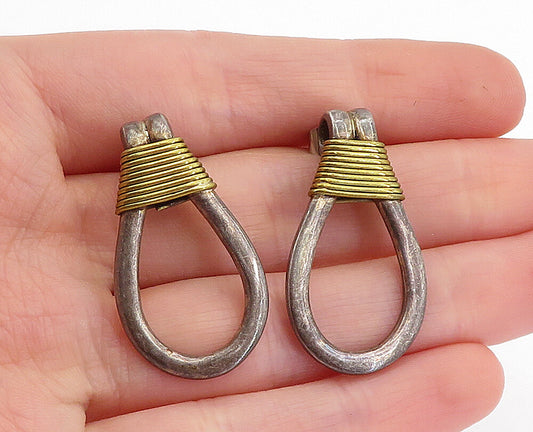 MEXICO 925 Sterling Silver  Vintage 2 Tone Wire Wrapped Drop Earrings  EG2568