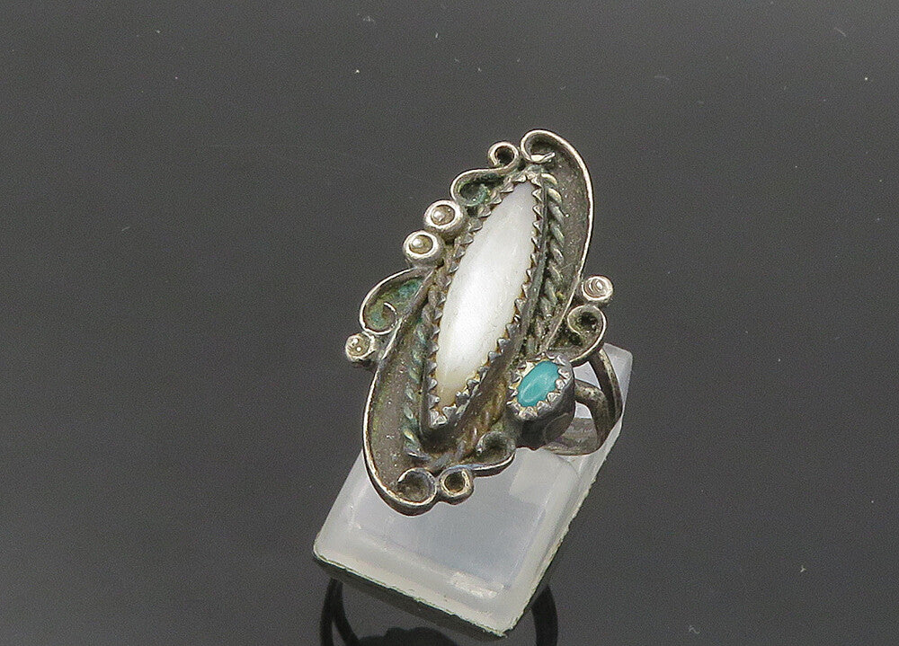 NAVAJO 925 Silver  Vintage Mother Of Pearl & Turquoise Ring Sz 6  RG20068