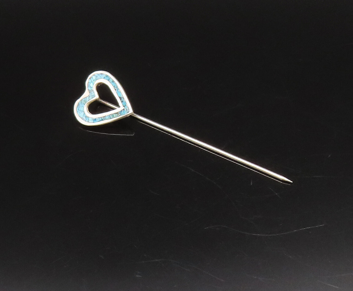 SOUTHWESTERN 925 Silver Vintage Crushed Turquoise Love Heart Lapel Pin TR3467