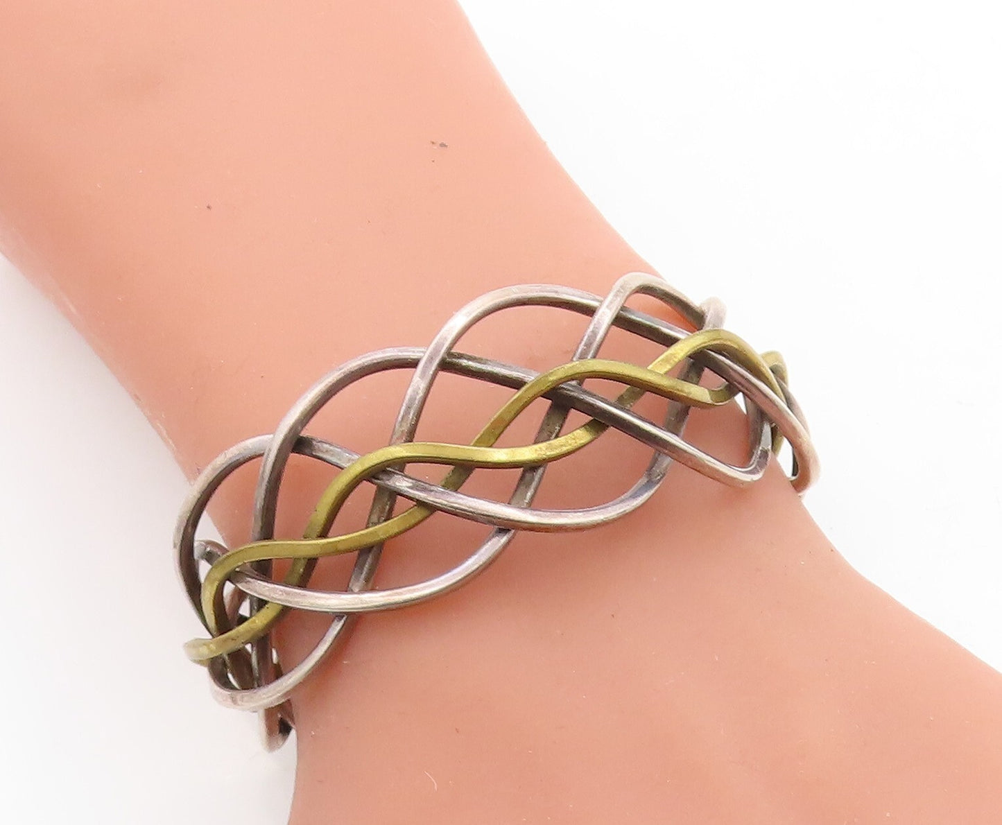 MEXICO 925 Sterling Silver  Vintage 2 Tone Weaved Design Cuff Bracelet  BT1955