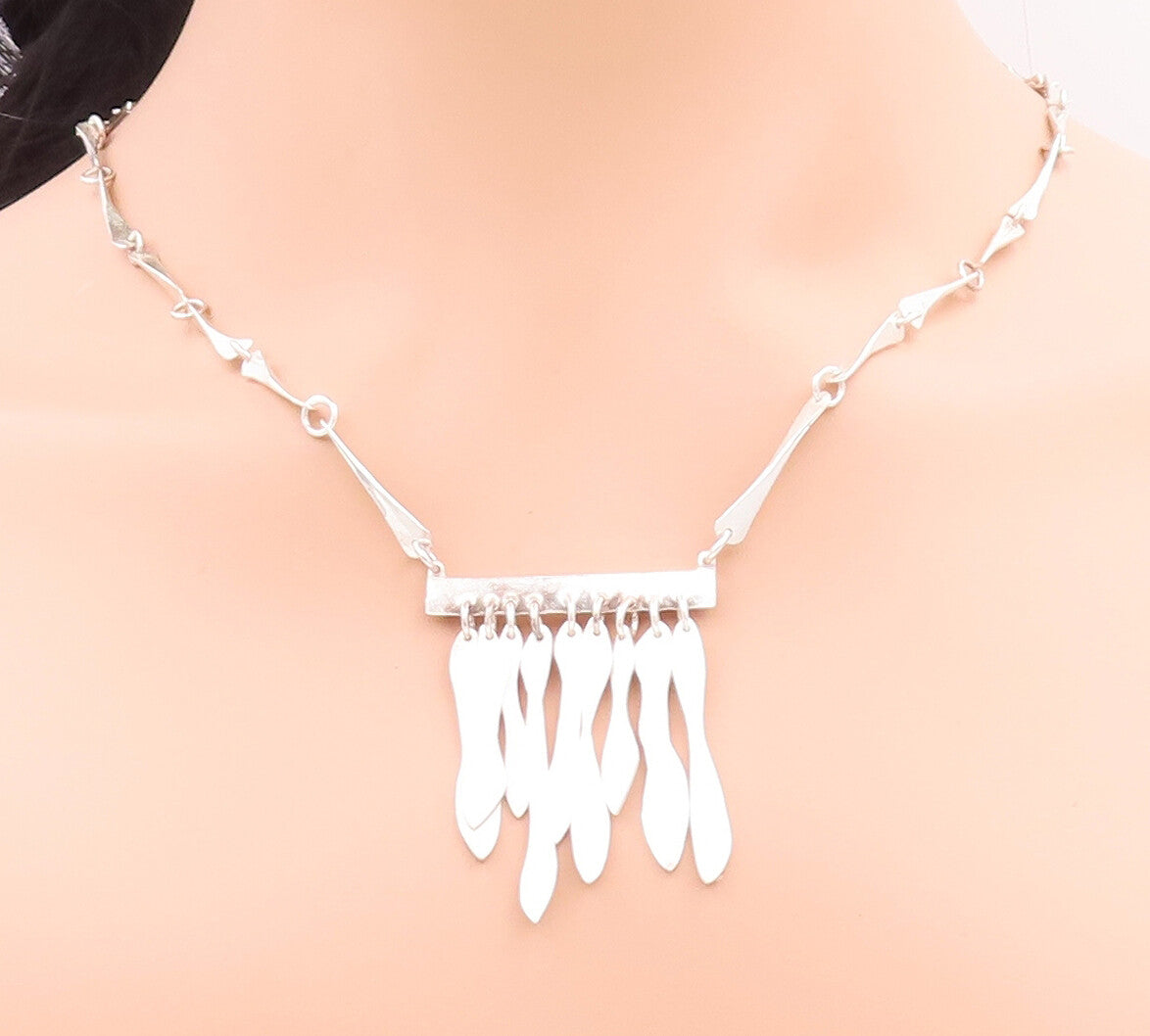 925 Sterling Silver Vintage Necklace Solid Trible Chips Link & Dangles  NE4274