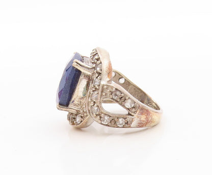 925 Sterling Silver Vintage Ring Square Cut Sapphire & Topaz Inlay Sz 5  RG30671