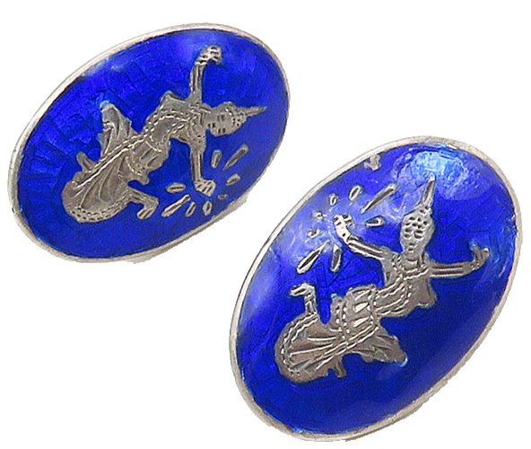 SIAM 925 Sterling Silver  Vintage Blue Enamel Non Pierce Earrings  EG8731