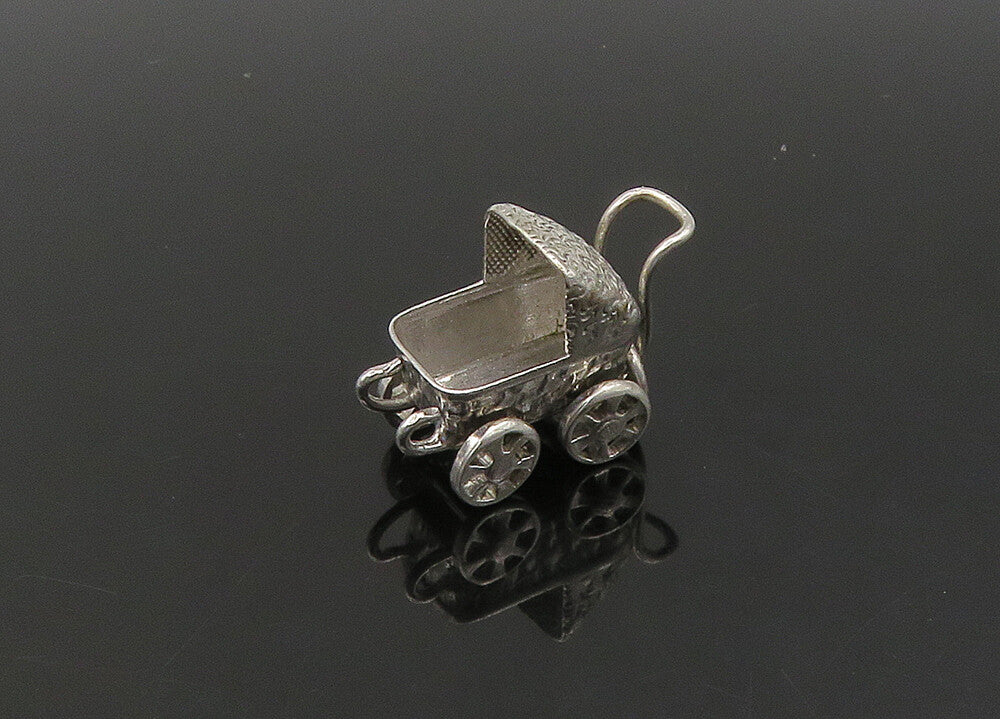 925 Sterling Silver  Vintage Old Fashioned Baby Carriage Pendant  PT17748