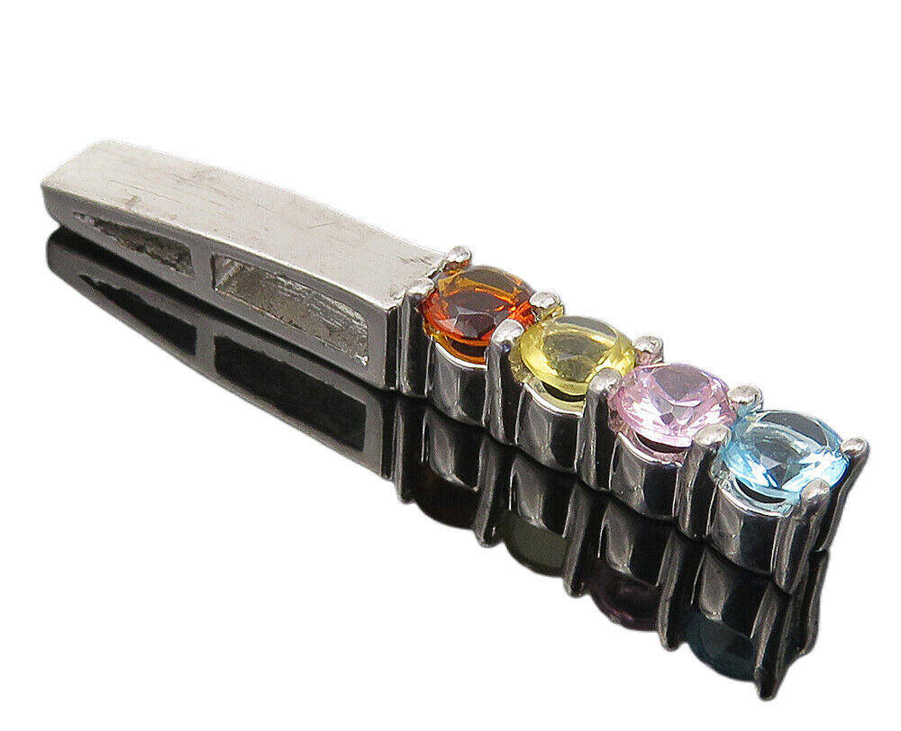 925 Sterling Silver  Petite Multi Color Topaz Vertical Bar Pendant  PT8655