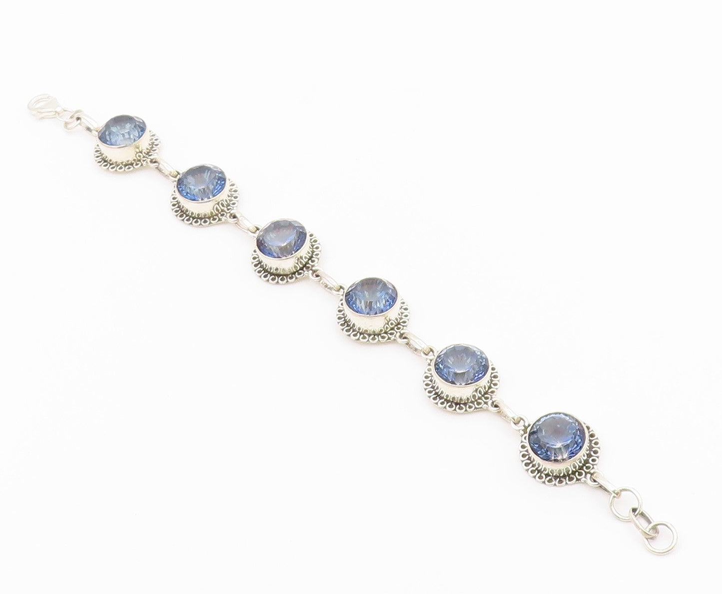 925 Sterling Silver Faceted Blue Topaz Shiny Floral Chain Bracelet BT3815