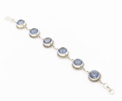 925 Sterling Silver Faceted Blue Topaz Shiny Floral Chain Bracelet BT3815