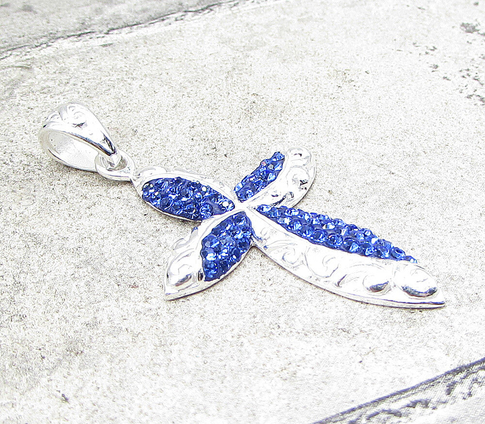 925 Sterling Silver  Blue Crystals Filigree Religious Cross Drop Pendant PT1429