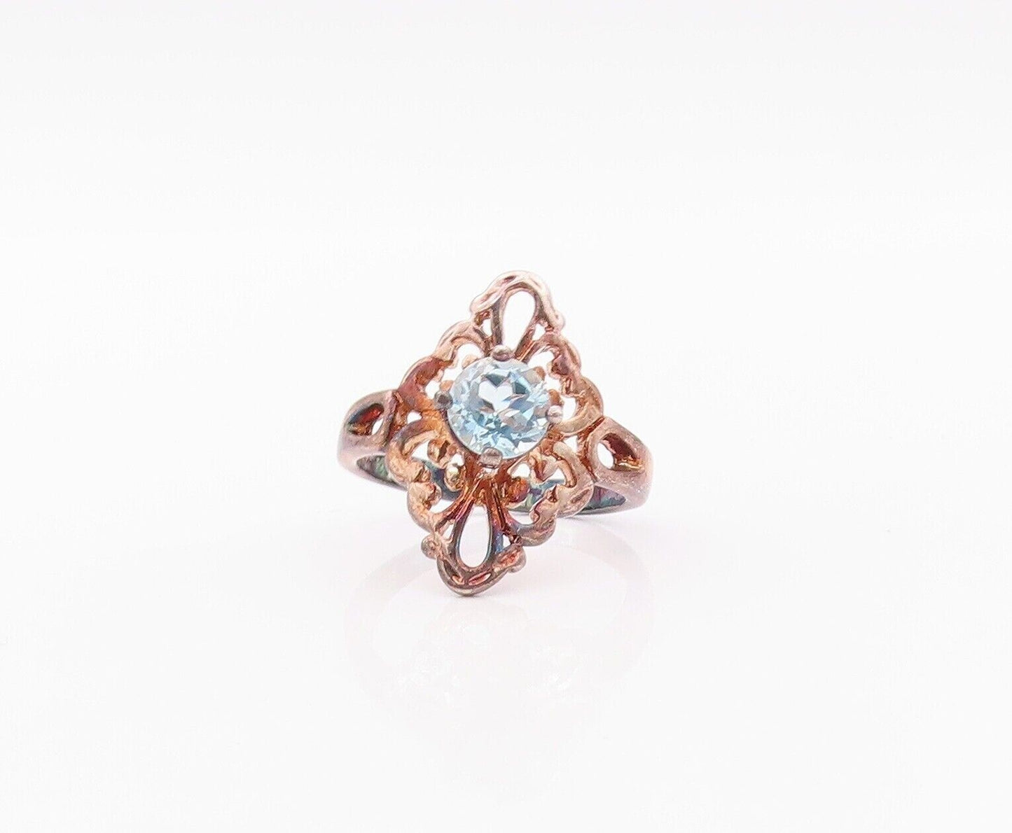 925 Sterling Silver Vintage Ring Floral Cutout Blue Topaz  Sz 7  RG29942