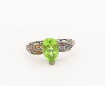 925 Silver  Vintage Swirly Carved Neck Pear Cut Green Topaz Ring Sz 8  RG27076