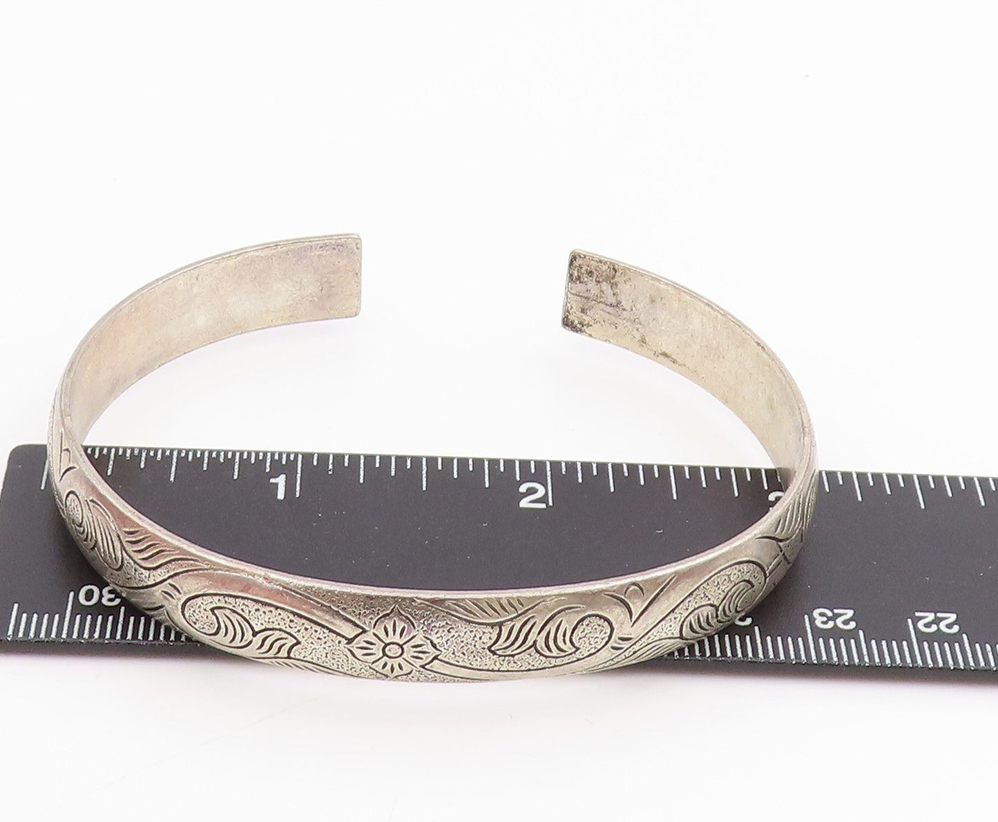 925 Sterling Silver Vintage Bracelet Chinese Export Engraved Floral Cuff BT11505