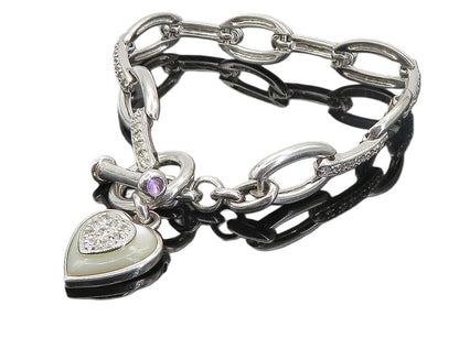 JENNA NICOLE 925 Silver  Mother Of Pearl & Topaz Heart Chain Bracelet  BT3485