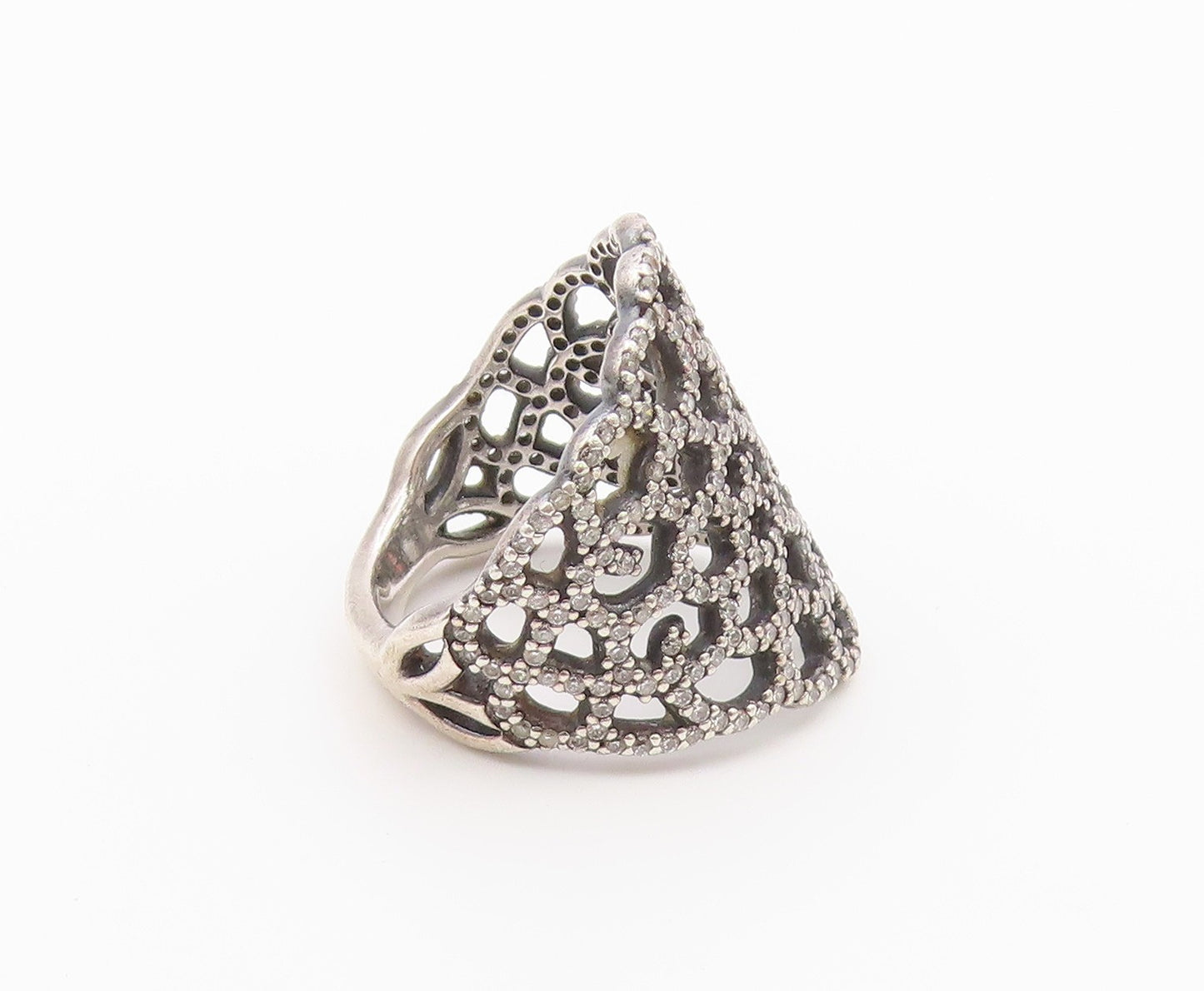 925 Sterling Silver Vintage Ring PANDORA CZ Shimmering Lace Cutout Sz 7 RG36548