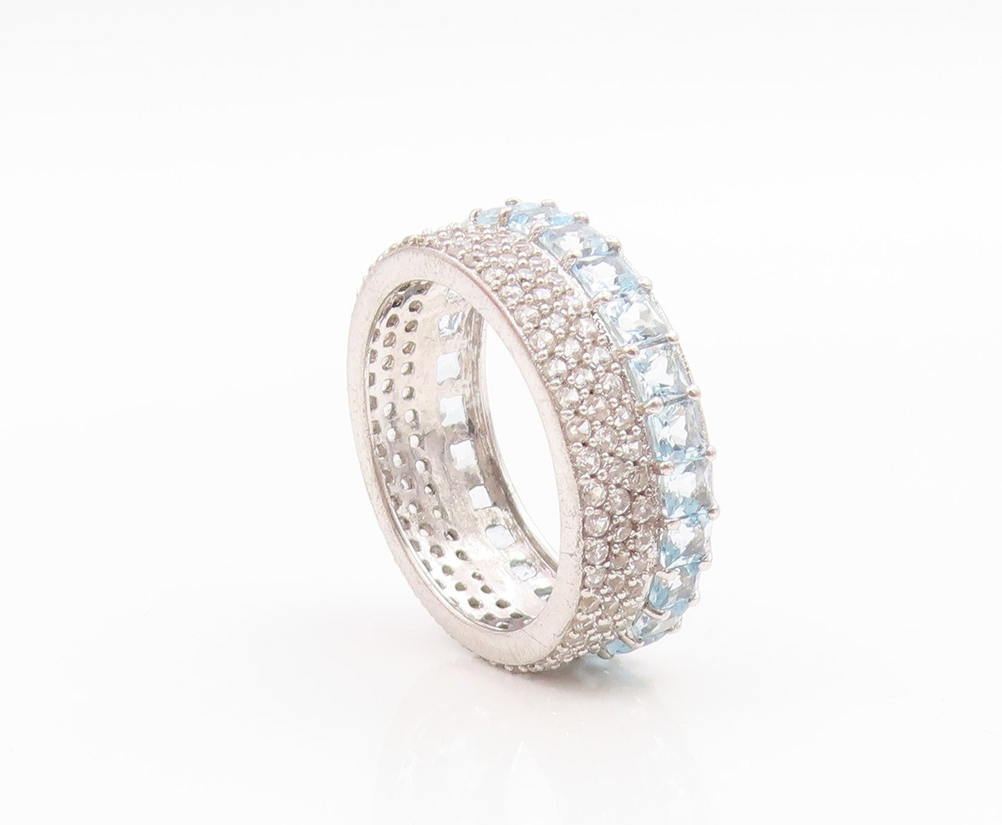 925 Sterling Silver Vintage Ring Blue & White Topaz Eternity Band  Sz 7  RG35662