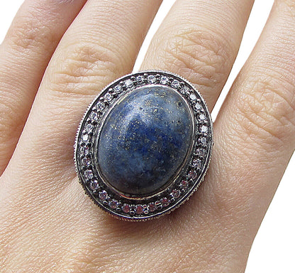 925 Sterling Silver Lapis Lazuli Topaz& Marcasite Cocktail Ring Sz 6.5 RG1656