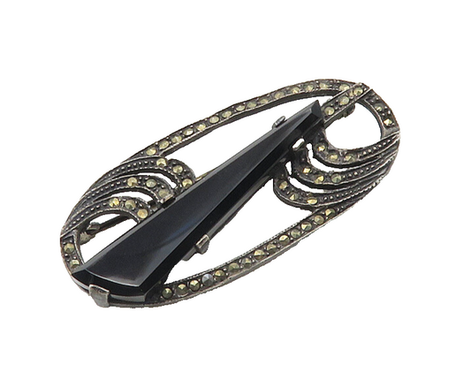 925 Sterling Silver  Vintage Black Onyx & Marcasite Swirl Brooch Pin  BP7327