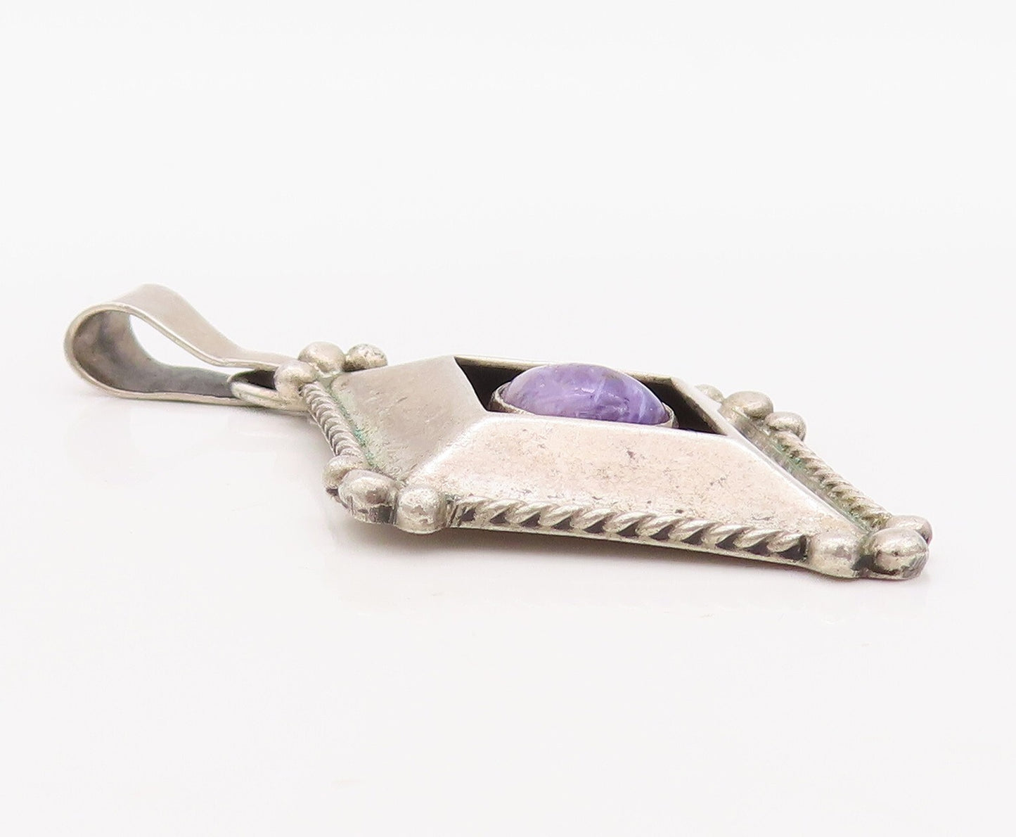 925 Sterling Silver Vintage Pendant RB NAVAJO Carved Diamond Shape Gem  PT23542