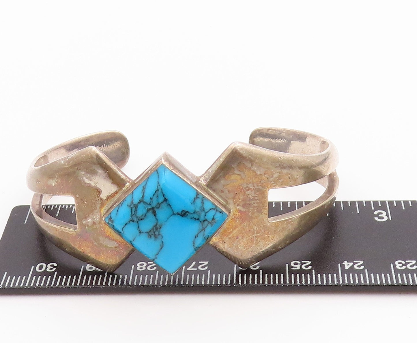 925 Sterling Silver Vintage Bracelet MEXICO Designer Square Turquoise BT11325