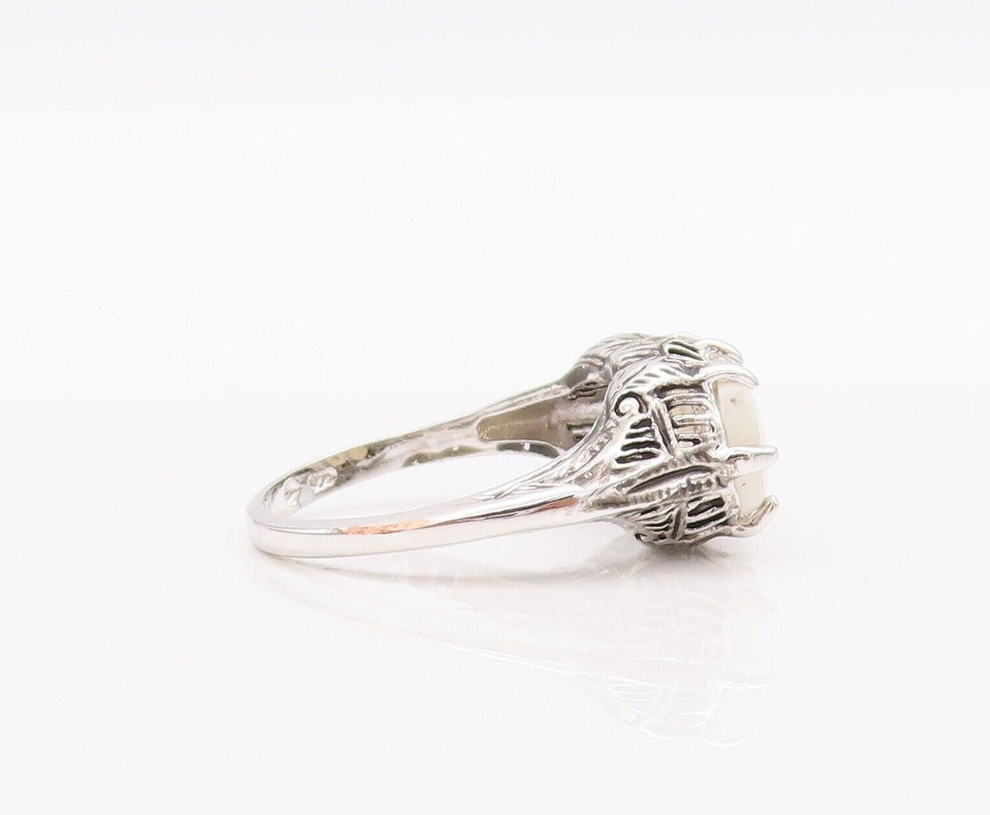 925 Sterling Silver Vintage Ring Victorian Design Carved Oval Opal  Sz 8 RG28244