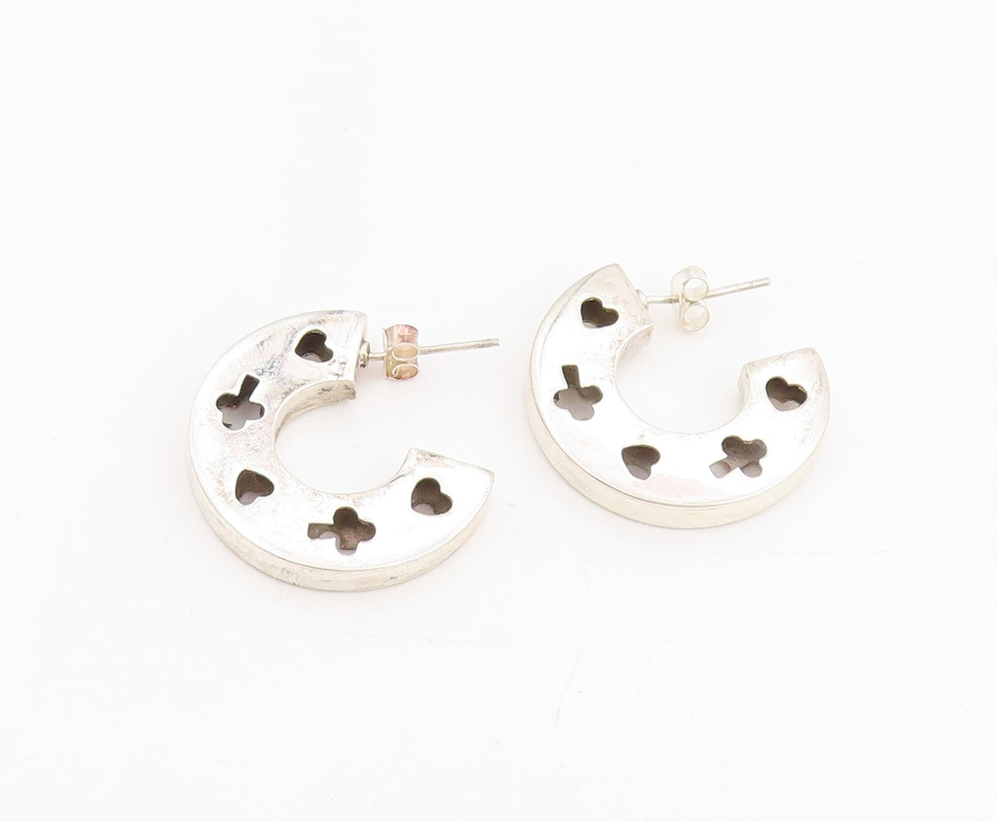 925 Sterling Silver Vintage Earrings Love Heart & Clover Cut Out Hoops  EG13754