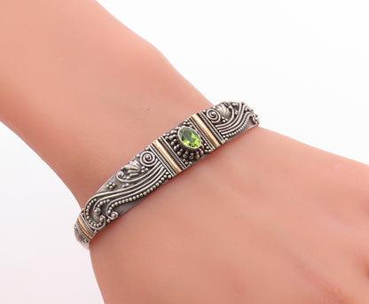 14k Gold & 925 Sterling Silver Vintage Bracelet Peridot Scrollwork Cuff  BT11995