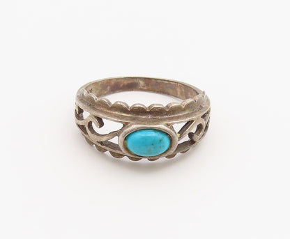 925 Sterling Silver Vintage Ring Cabochon Turquoise Openwork Band  Sz 6  RG36876