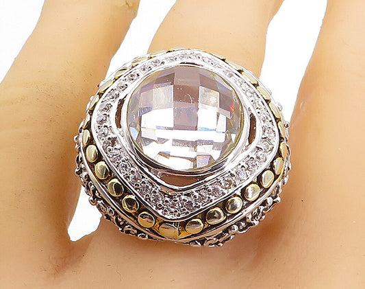 925 Sterling Silver  Cubic Zirconia 2 Tone Floral Cocktail Ring Sz 9.5  RG4947