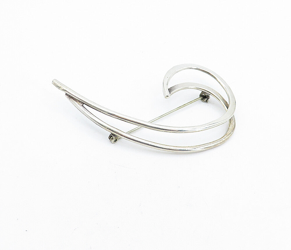 MEXICO 925 Sterling Silver Vintage Shiny Smooth Swirl Brooch Pin BP1557