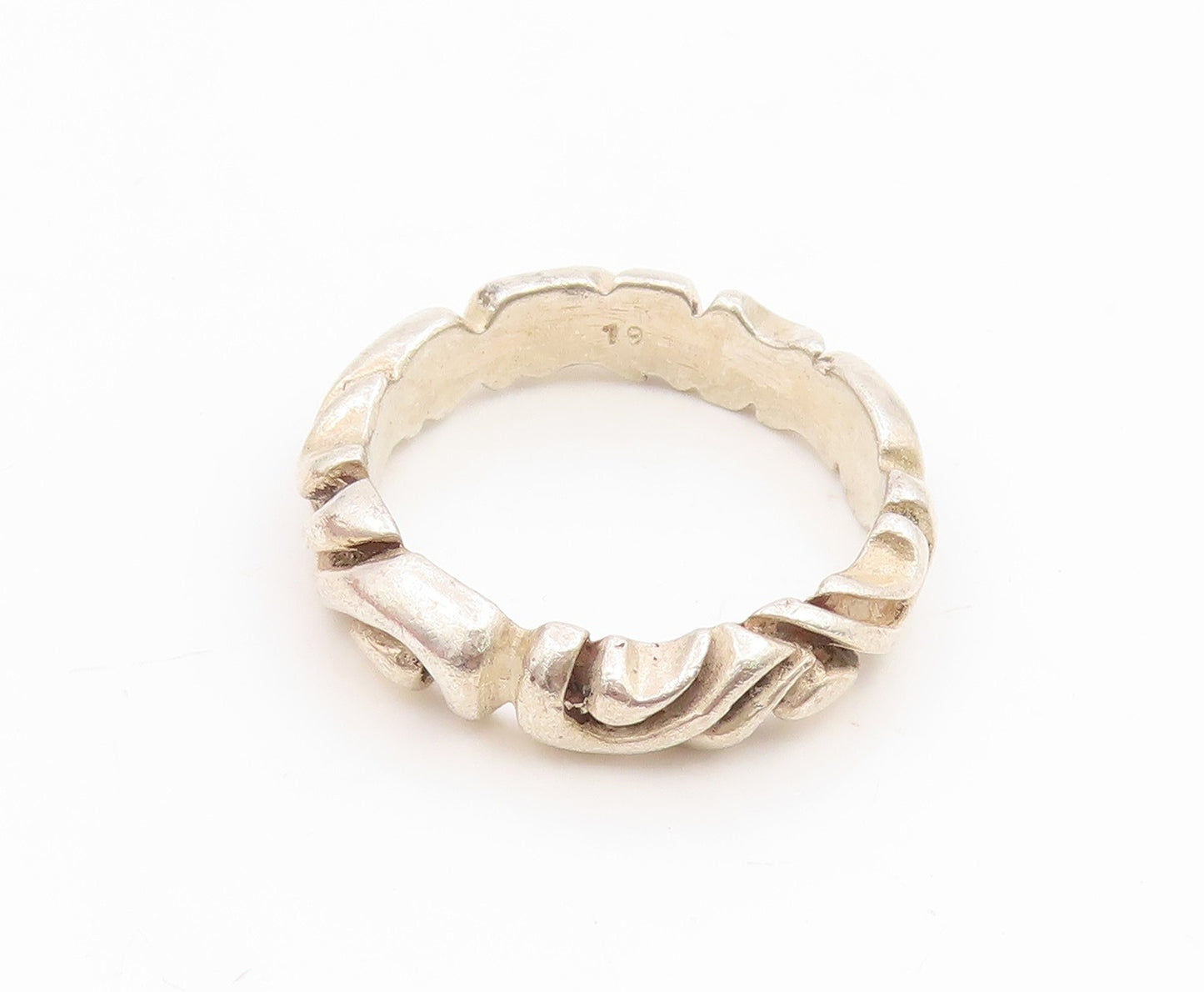 925 Sterling Silver Vintage Ring Carved Solid Wavy Scrollwork Band Sz 12 RG34952