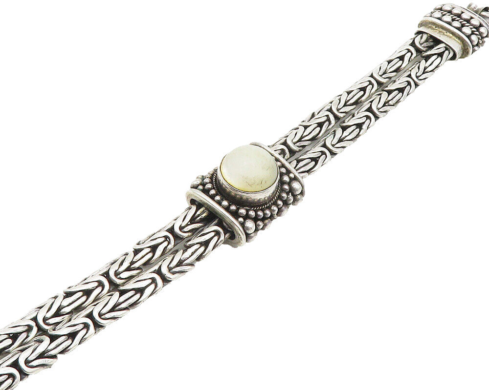 925 Sterling Silver  Vintage Mother Of Pearl Byzantine Chain Bracelet  BT7492