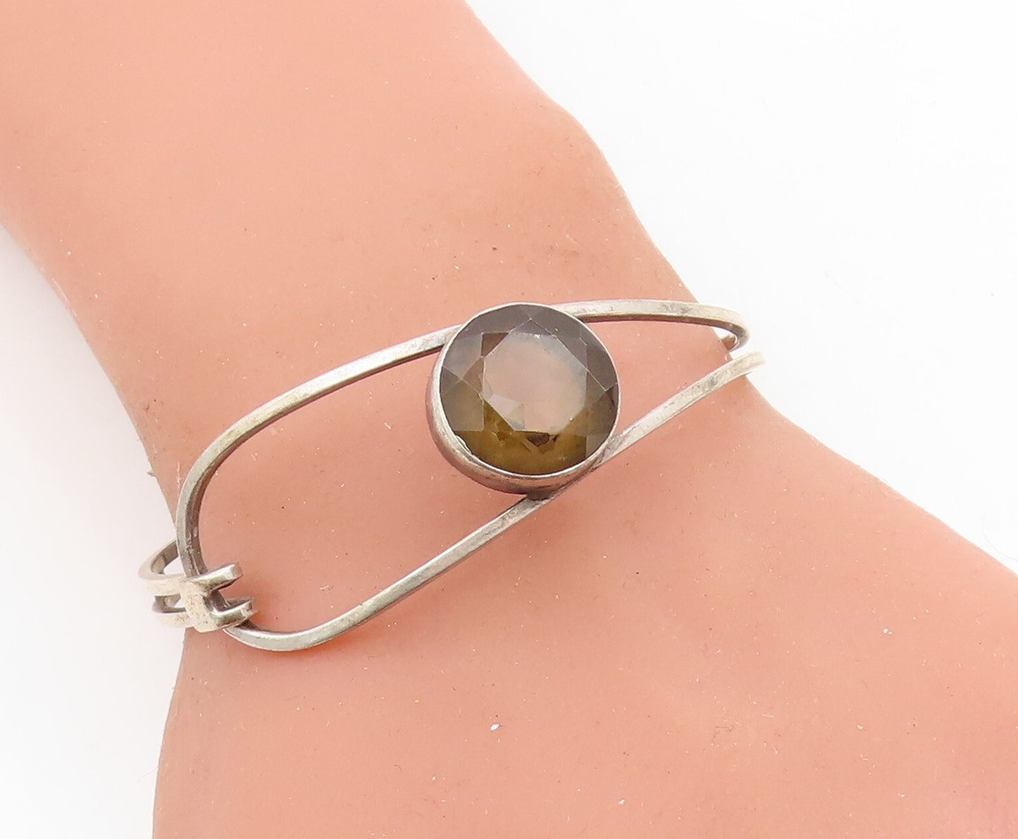 ISRAEL 925 Sterling Silver  Vintage Faceted Topaz Hook Bangle Bracelet  BT2694