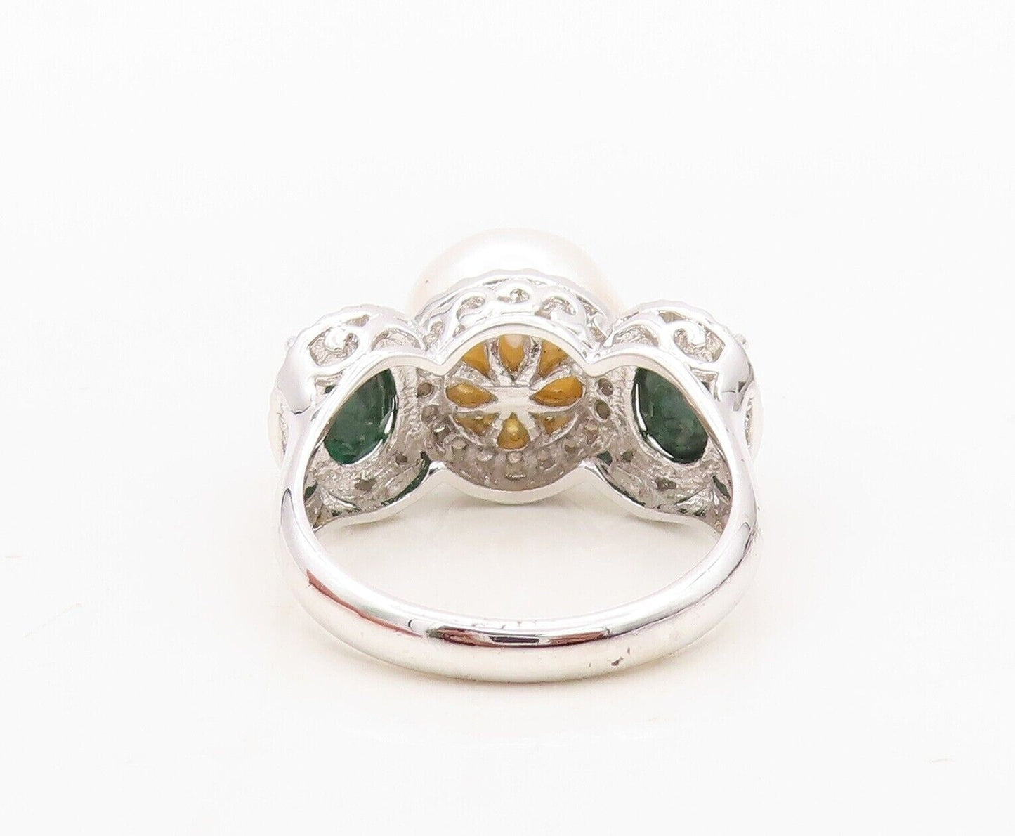 925 Sterling Silver Vintage Ring Diamonds Pearl & Gemstone Inlay  Sz 8  RG30492