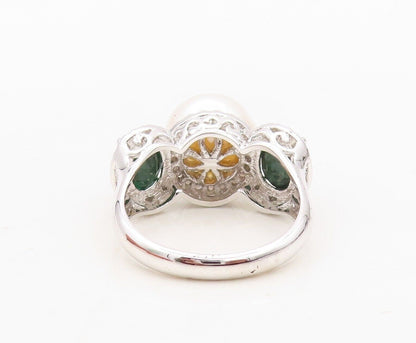 925 Sterling Silver Vintage Ring Diamonds Pearl & Gemstone Inlay  Sz 8  RG30492