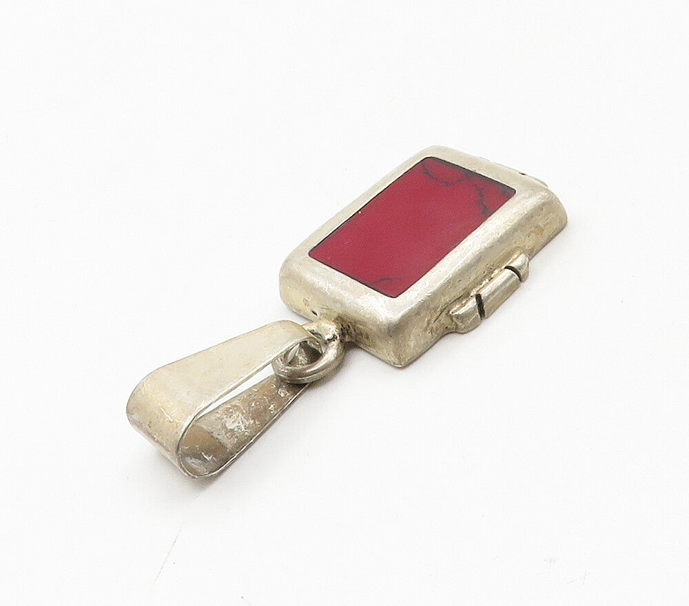 MEXICO 925 Sterling Silver  Vintage Red Jasper Square Drop Pendant  PT12818
