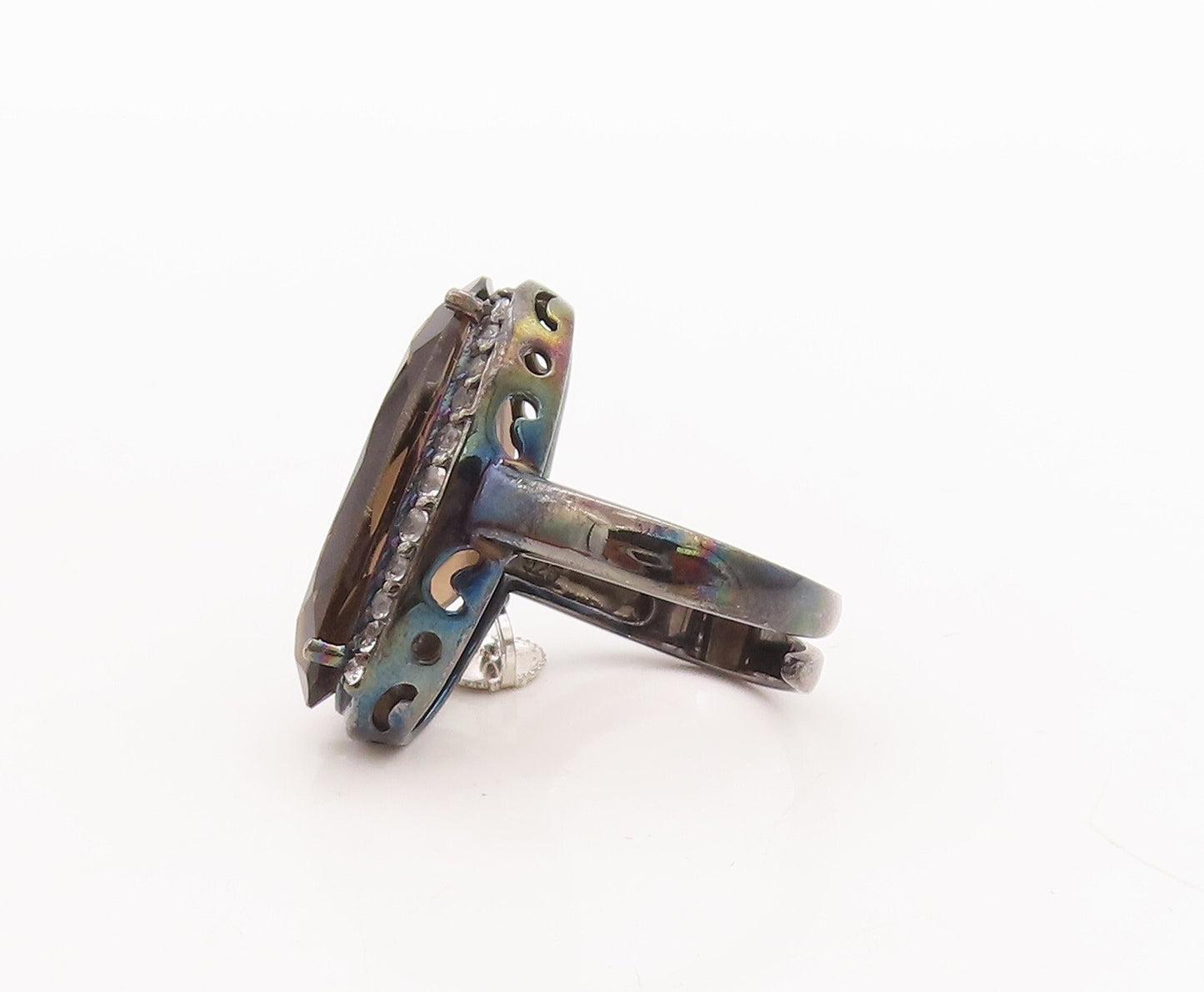 925 Sterling Silver Vintage Ring Large Oval Smoky Quartz & Topaz  Sz 8  RG29442