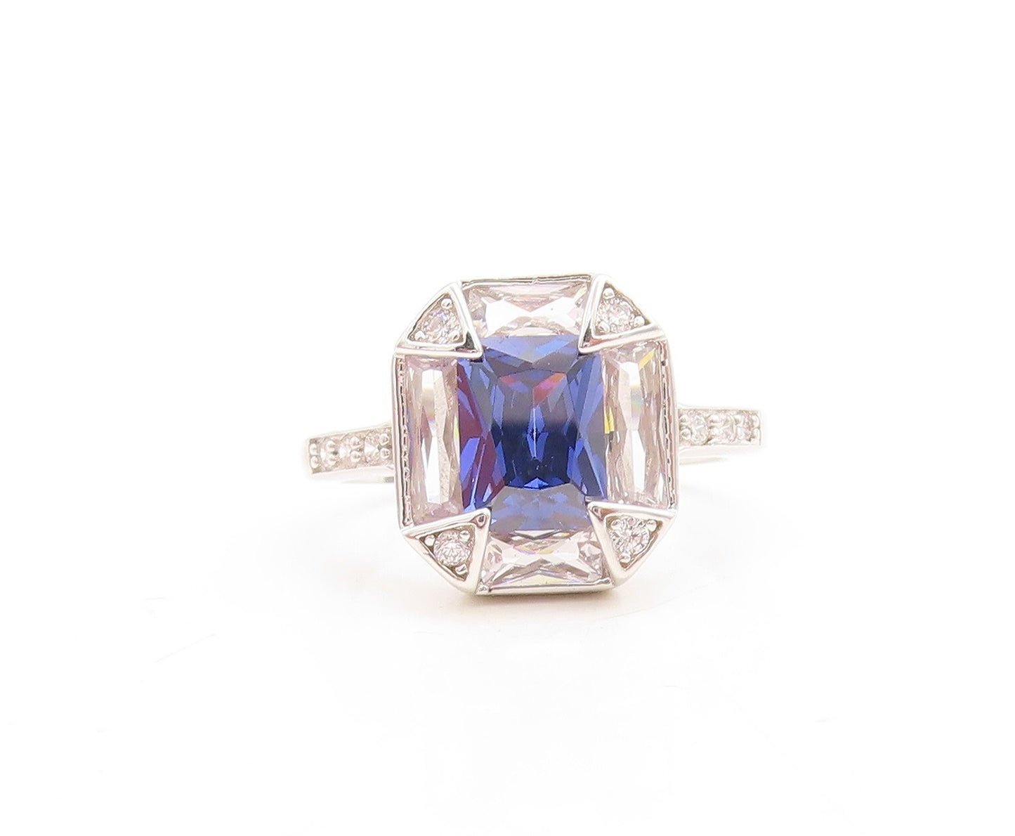 925 Sterling Silver Vintage Ring Rectangle Sapphire Halo CZ Frame  Sz 7  RG30111
