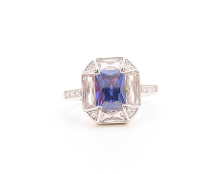 925 Sterling Silver Vintage Ring Rectangle Sapphire Halo CZ Frame  Sz 7  RG30111