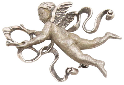 925 Sterling Silver Vintage Brooch Winged Cherub With Swirling Ribbons   BP11984