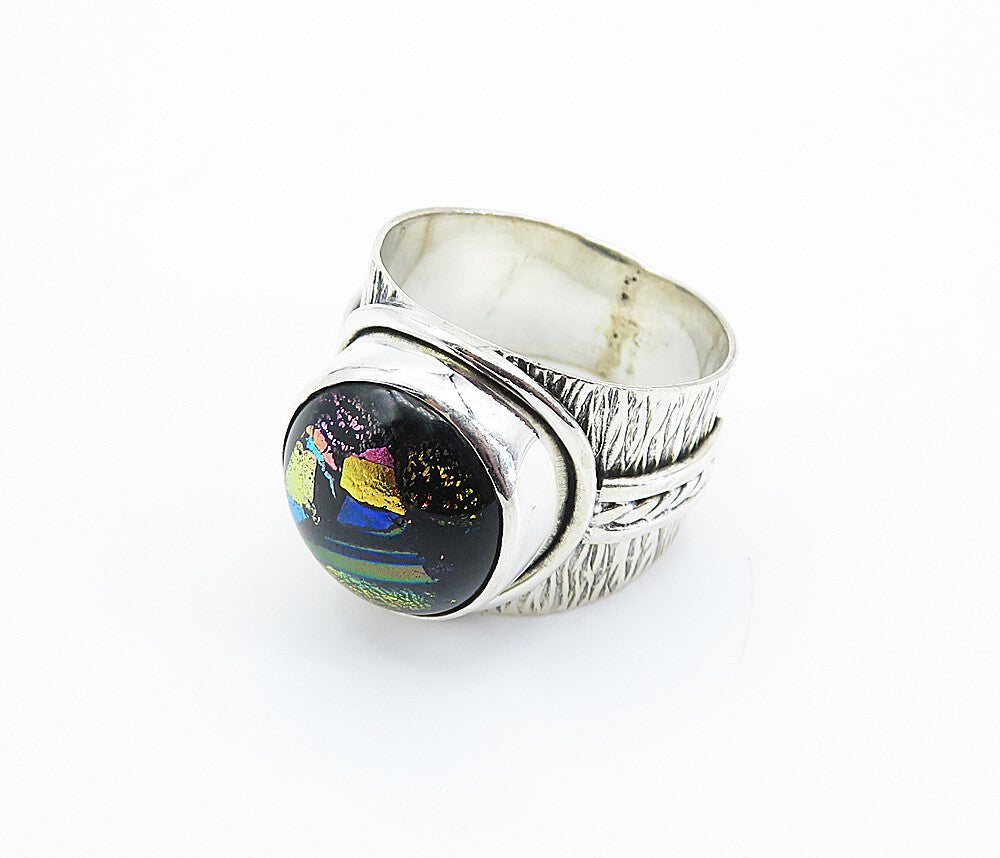 925 Sterling Silver  Dichroic Glass Dome Textured Cocktail Ring Sz 9 RG8195