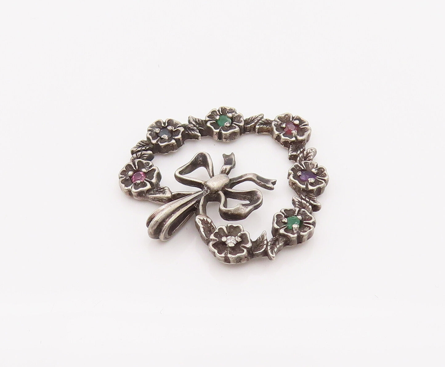 925 Sterling Silver  Vintage Flower Band Heart With bow Topaz Pendant  PT22154