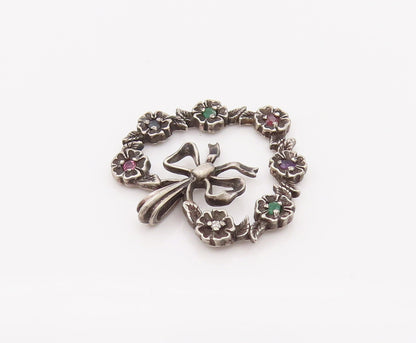 925 Sterling Silver  Vintage Flower Band Heart With bow Topaz Pendant  PT22154