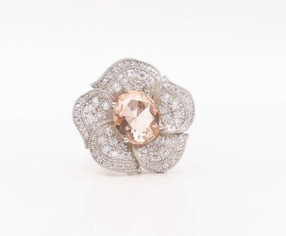 925 Sterling Silver Vintage Ring Morganite & CZ Carved Flower   Sz 7.5  RG29956
