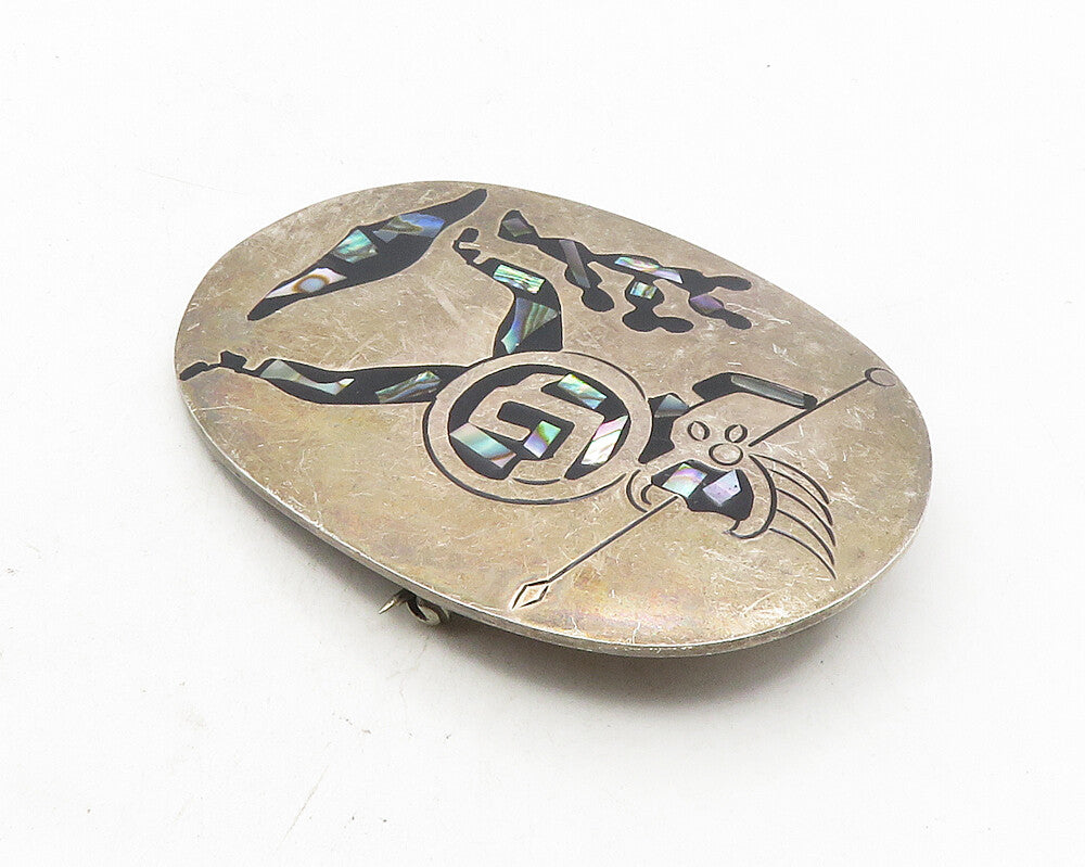 MEXICO 925 Sterling Silver  Vintage Abalone Shell Warrior Brooch Pin  BP3968