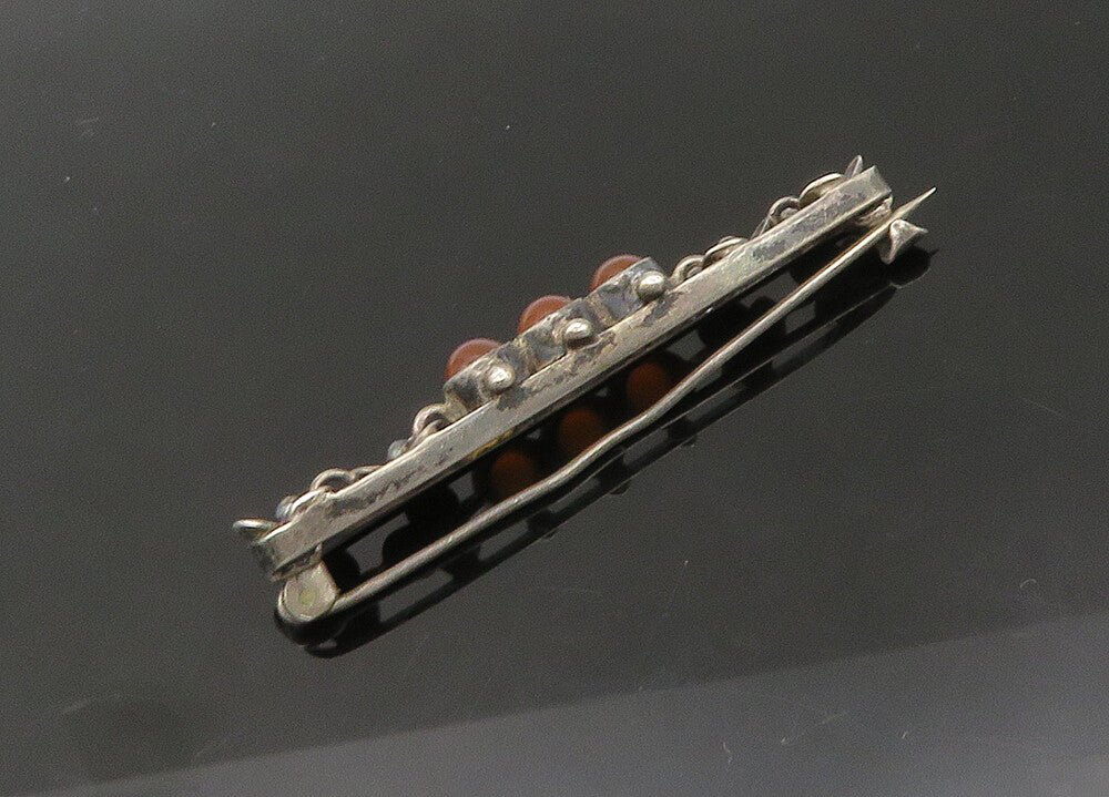 EUROPEAN 925 Silver  Vintage Cabochon Carnelian Floral Brooch Pin  BP8557