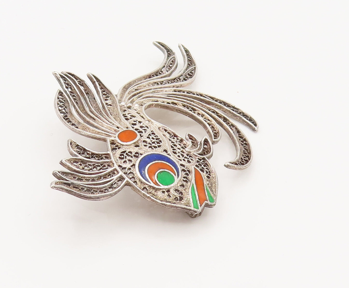 925 Sterling Silver Vintage Enamel & Filigree Detailed Fish Brooch Pin BP10107